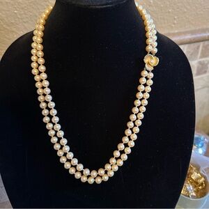 Elegant Cream Pearl Necklace Long Double Strand